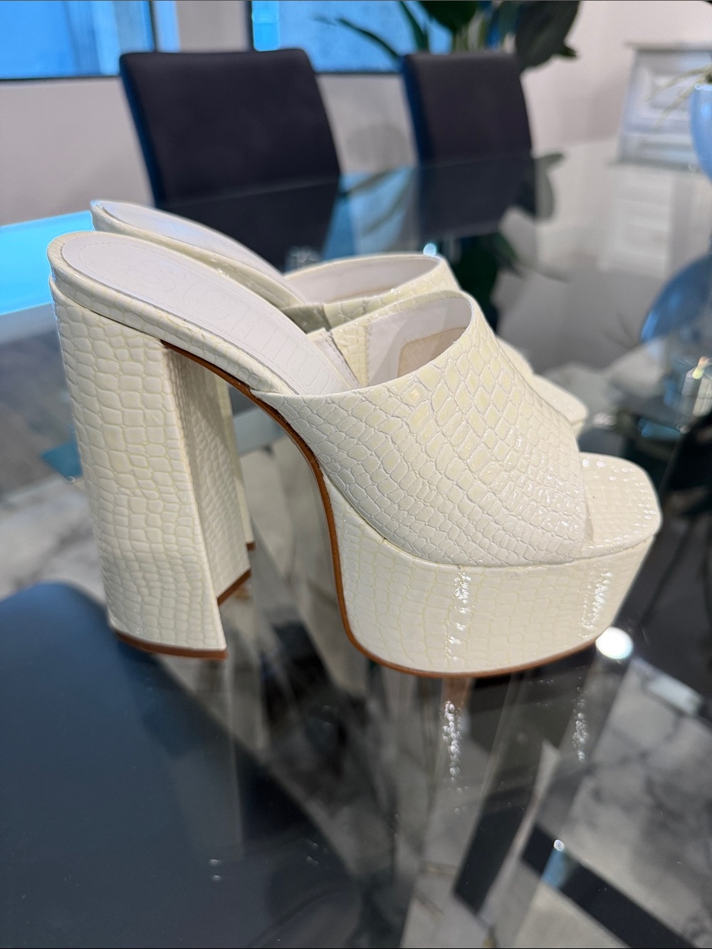 SCHUTZ White Croc-Embossed Platform Mule